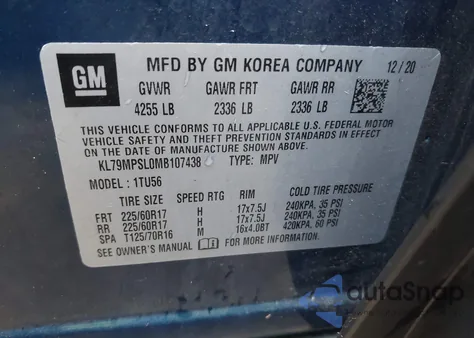 2021 Chevrolet Trailblazer Fwd Lt из США, поврежденный, VIN KL79MPSL0MB107438